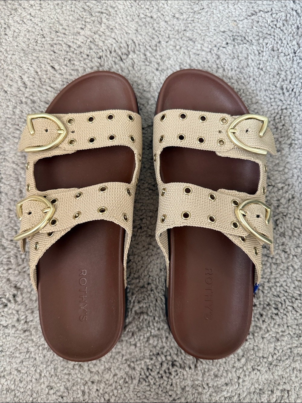Rothy's Beige Canvas Double-Buckle Slide Sandals with Gold Buckles